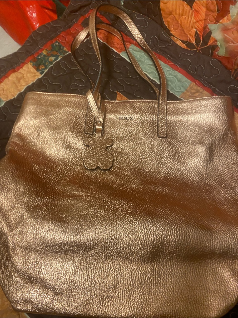 TOUS Metallic Bronze Leather Tote with Bear Charm